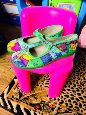 Map-Print Mary Jane Flats in Bright Green